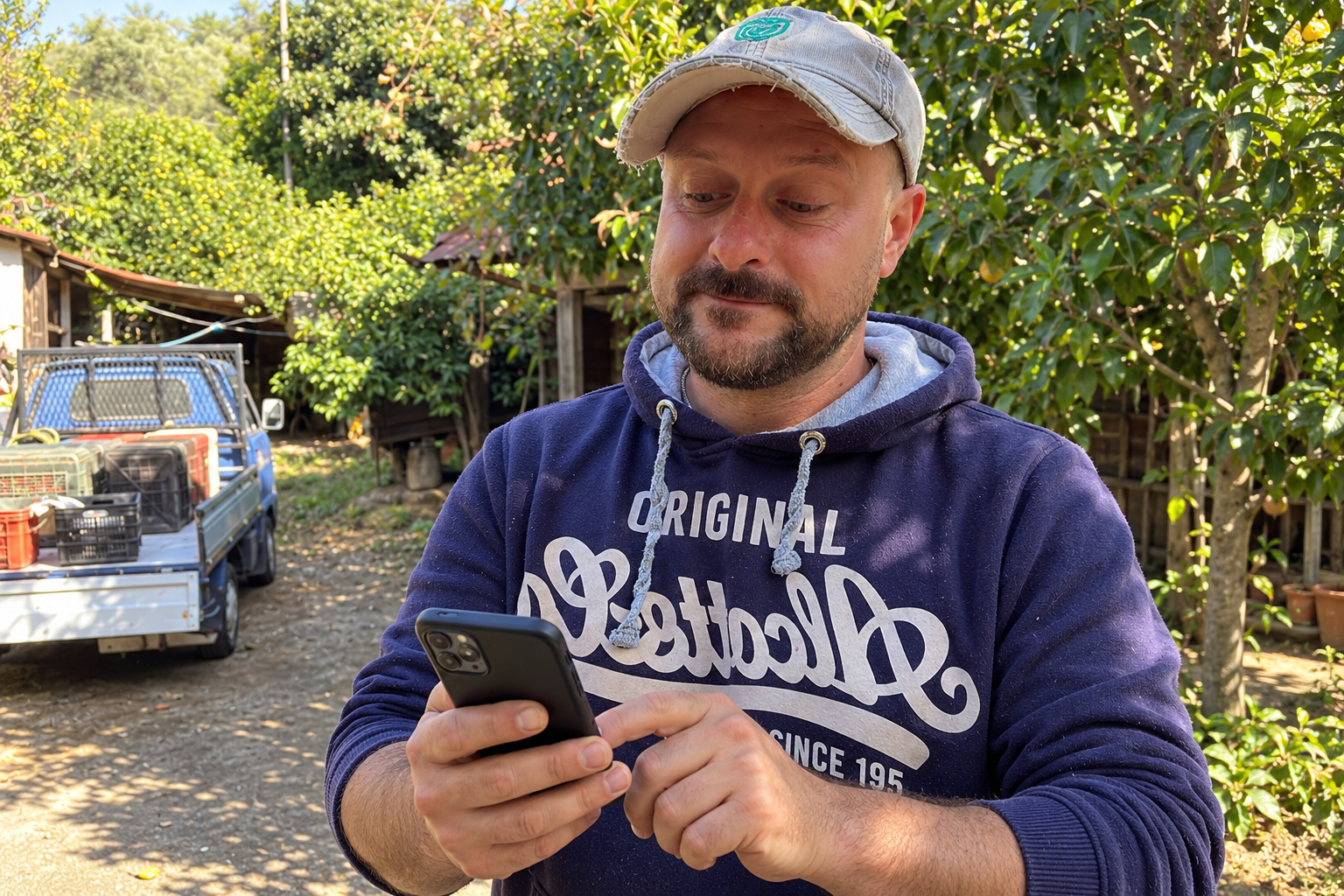 Alfio con il cellulare in mano, immagine rielaborata